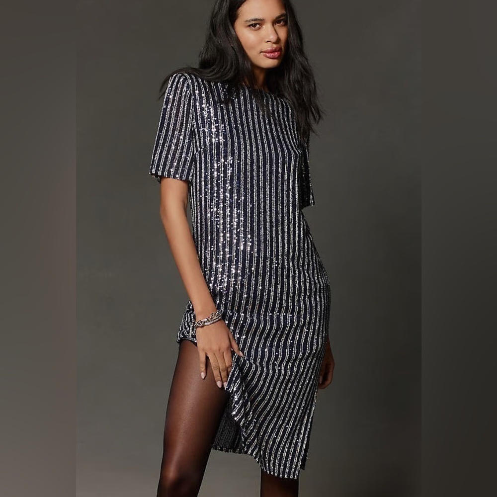 NWT Anthropologie X Flat White Short Sleeve Sequin Navy Stripe Midi Dress